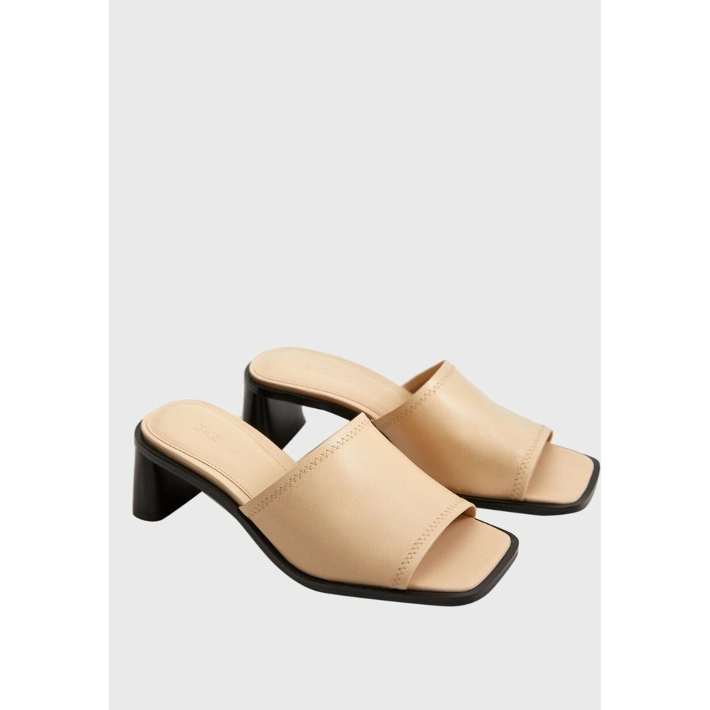 Mango Womens Cream Leather Open Toe Block Heel Slides Sandals 37 US  7